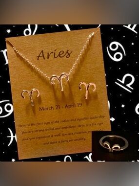 Aries Zodiac Necklace, Stud Earrings & Ring Set ♈️